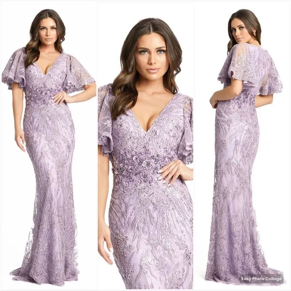 Mac Duggal Size 8 Purple Lilac Floral Flutter Maxi Gown Long Dress